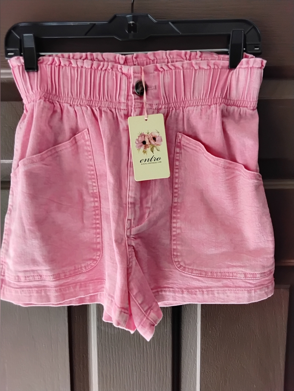 entro Rose-Pink High-Waist Paperbag Denim Shorts Small Nwt